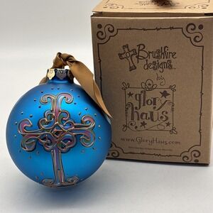 Glass Ornament Cross Blue Glory Haus Brushfire Designs Curly Cross NIB